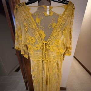 Gorgeous Mustard Yellow Mesh/Tulle Embroidered Floral Lace Duster